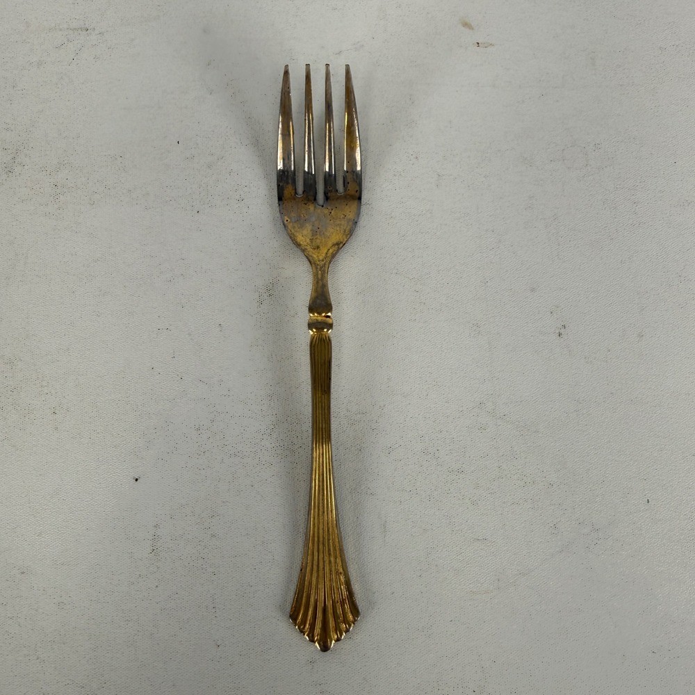 Royal Gallery Japan Gold Tone Salad Fork Ribbed Fan Handle 6.25 Inch Vintage